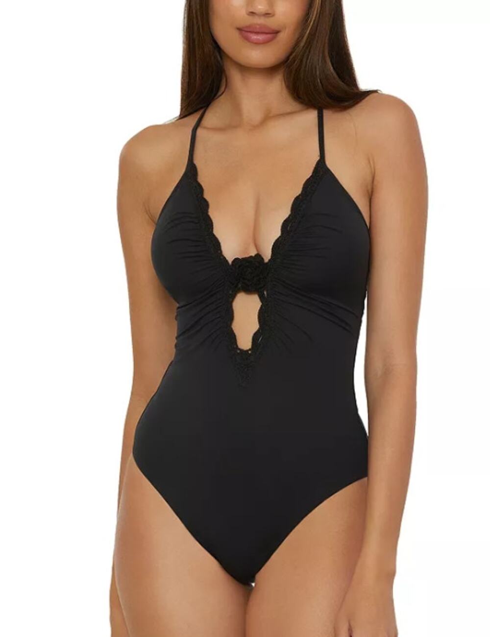 BECCA Colette Clare Plunge One Piece Swimsuit Large Black Crochet Flower NWT